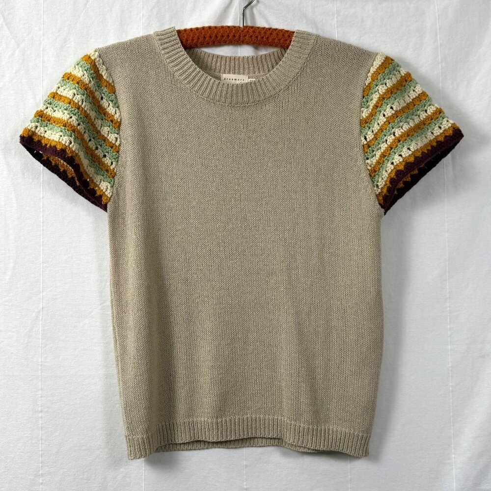 Dreamers By Debut Sweater Womens Sz S/M Beige Multicolor Crochet Flutter Sleeve